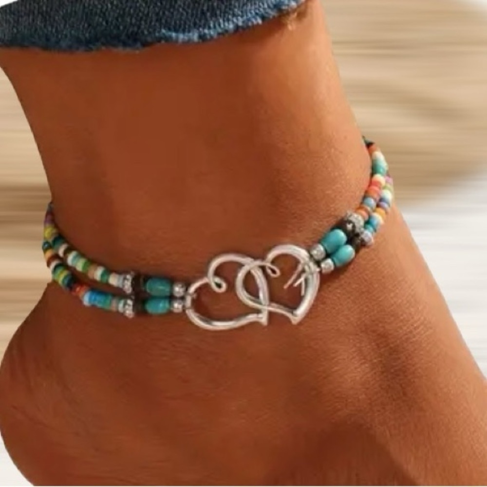 ♥️Multicolor Beaded Ankle Bracelet Hollow Double Heart Design